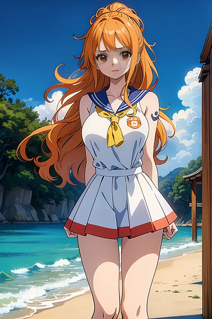 girl with,gentle eyes、with round Face、huge 、brown eyes、hair length、Lovely、 Face、Very bright orange hair color、 hapiness, Lovely, we say,(((​Masterpiece:1.5)))、(Super detailed、Very detailed:1.3)、(Seductive girl(2023 anime style:1.2))、One Piece Nami、(place one's arms behind one's back、Wind、flowing hair:1.3) 、is visible、skirt made of、standing、summer beaches、girl with1人、、(ahog:1.2)、disheveled hair、white sailor suit、long、(Embarrassment comes from:1.1)、(tears:0,9)、Put your hands on、