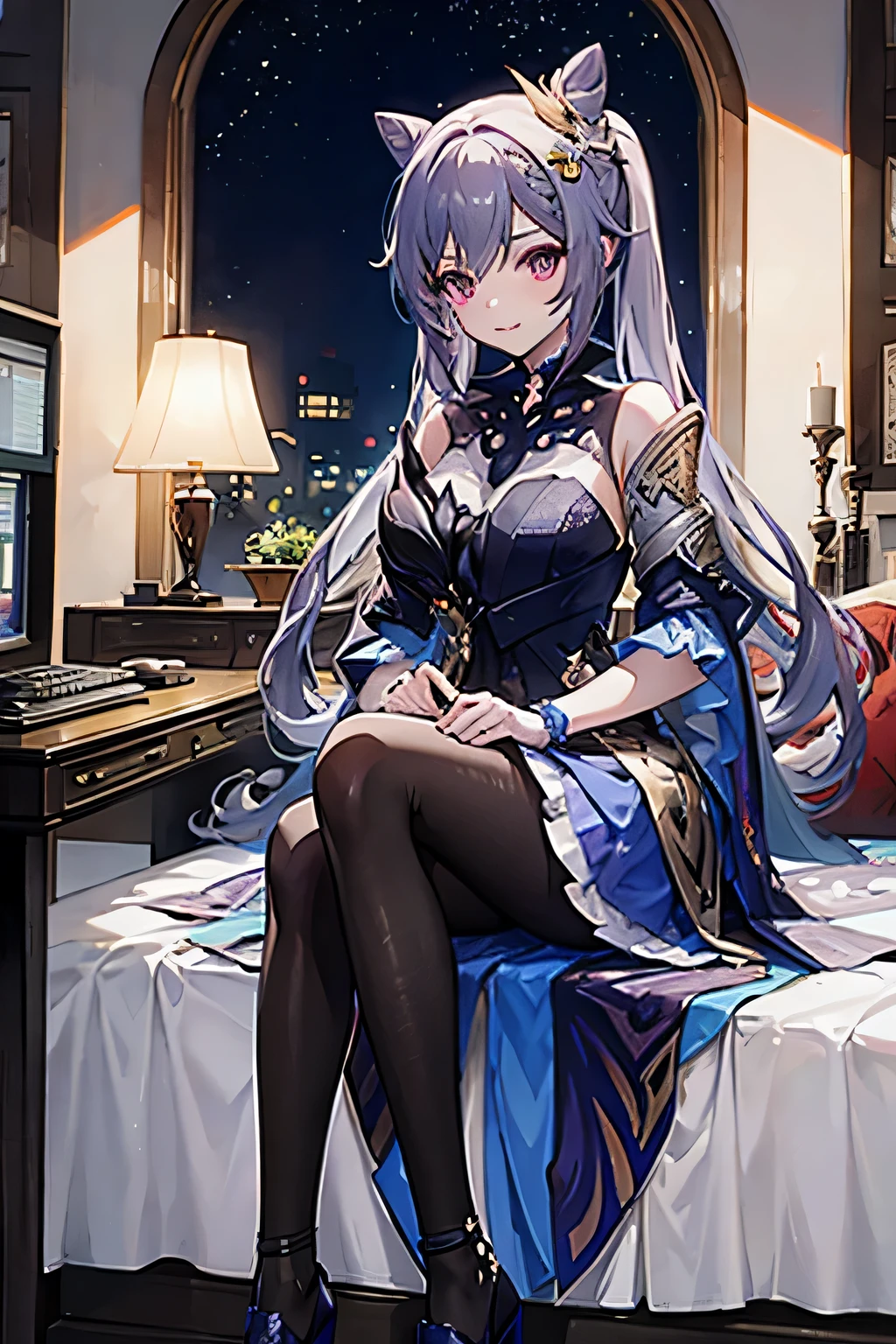 young girl, buautiful smile, wearing opulent splendor, watching stars behind the window, detailed, high resolution, full body, cute face, 8k, masterpiece, ray tracing, beautiful detailing, best quality