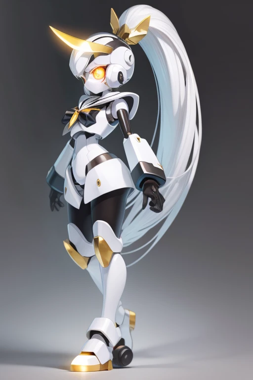 no mouth、Solo white and black female medabot with gold trim with glowing eyes and long hair high ponytail, high detail, simple background, sailor body