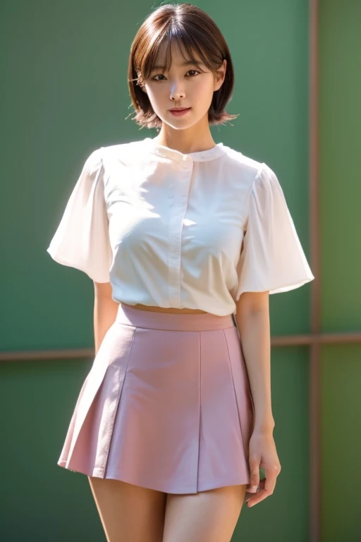 A 15-year-old nun, big breasts, short hair, Brown hair, pink lips with a sweet smile, blue eyes, Pale skin, an adorable face, with white shoes, showing abdomen, with miniskirt