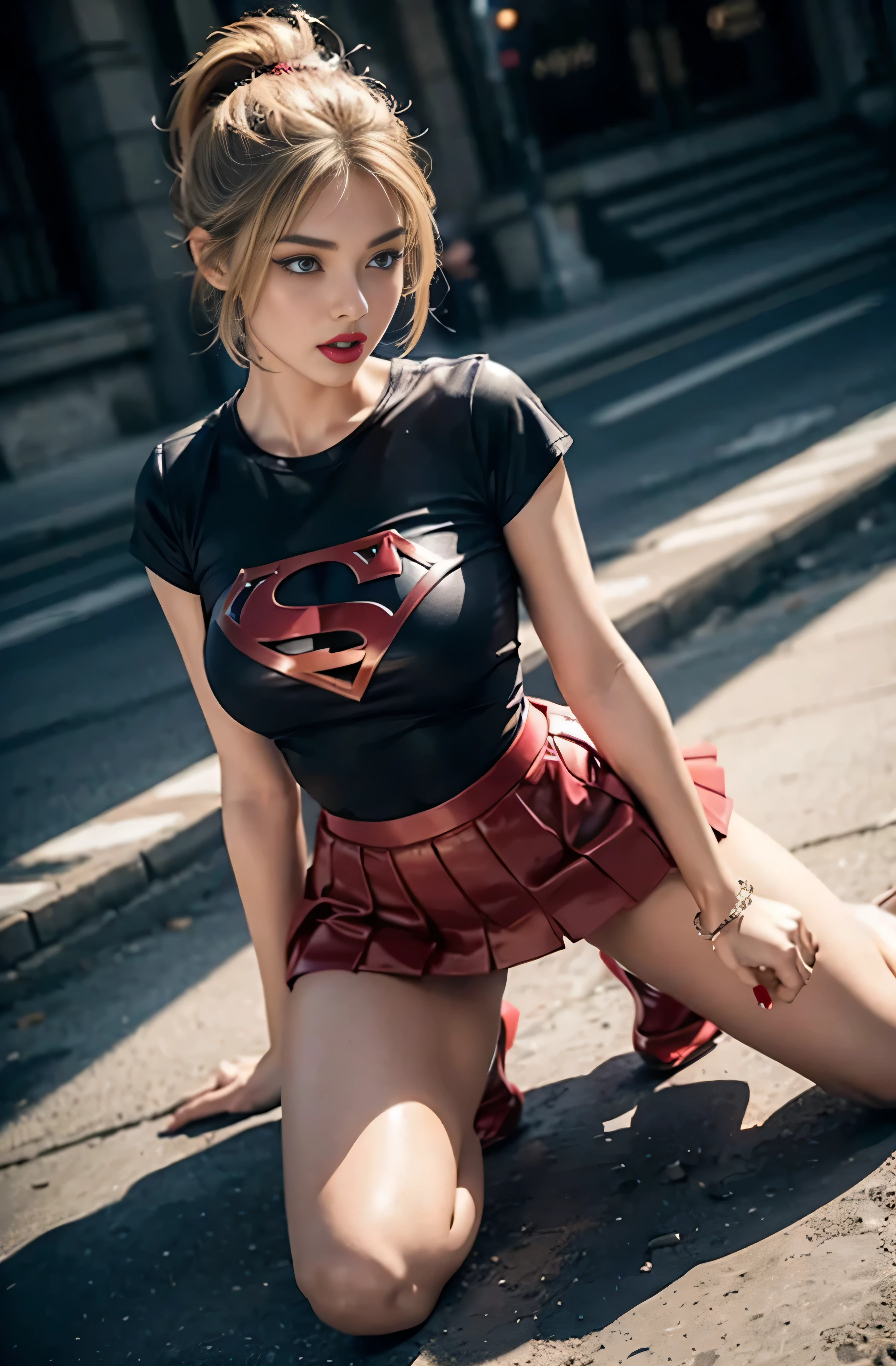 4k, realistic, charismatic, very detailed, there is a girl in the sky, dressed in a super girl costume, she is a super girl, superhero theme, blonde short hair, ponytail, 20 years, full body, (detail in the eyes), (detail in the face), incredibly beautiful, blue eyes, blush, makeup, ((red lipstick)), ((miniskirt)), (wide hips),  (thick thighs), small breasts, dress,, seductive pose, (extreme hourglass figure), thin, svelte, white skirt, boots, ((tight t-shirt))