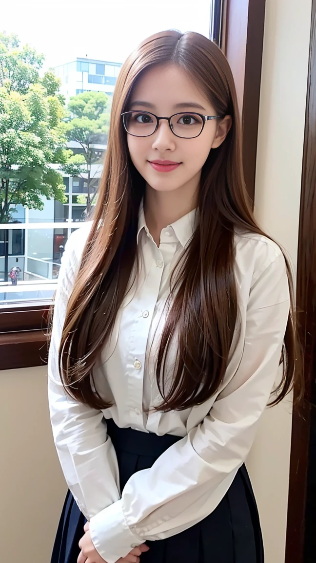 a beautiful girl,Highest quality,Beautiful graphics,big bright eyes,long eyelashes,Long brown hair shawl,perfect facial features,Clear face,Delicate lips,Smile,white school uniform,Wear glasses,panoramic shot。(standing