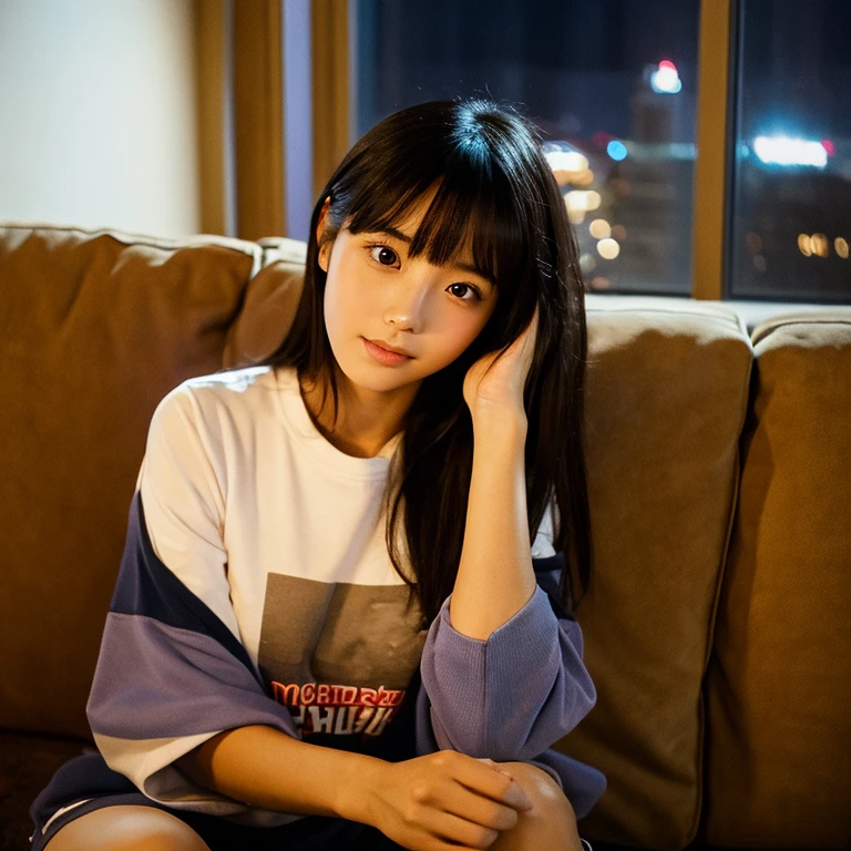 The face of a young Japanese woman posing like a model on a sofa. Focal length 100mmf/2.8, early winter night, living room on the upper floor of a tower apartment, plain T-shirt and shorts, close-up of eyes, film quality.
