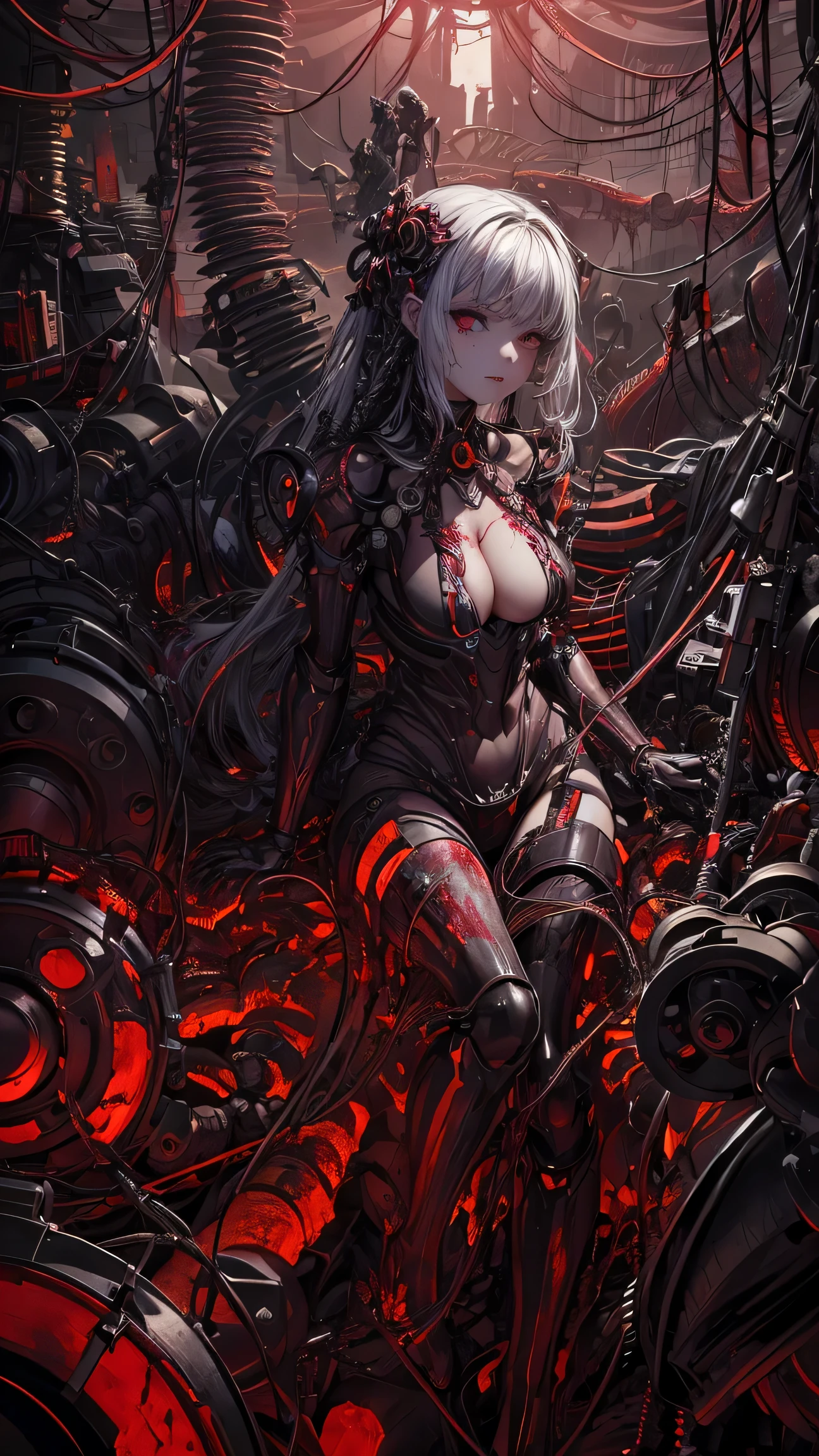 (((masterpiece))), ((highest quality)), (Super detailed), (CG illustration), (so evil and beautiful)), cinematic light, ((1 Mechanical Girl)), single, (Mechanical Art: 1.4), ((mechanical limbs)), (Blood vessel attached to a tube), ((mechanical spine attached to the back)), ((Mechanical cervical vertebrae attached to the neck), (Back to the viewer)), Expressionless, ( Wires and cables attached to head and body: 1.5), SF, Apocalypse, Remains, (Lower body integrated with mechanical equipment), (Blood: 1.5), cruelty, disorganized, eroticism, Fusion with machinery, Doomsday Time, Super Future, Inorganic, Research room, restraint, (beautiful luxury: 1.2), (1 girl: 1.3), Body wrapped around mechanical tentacles