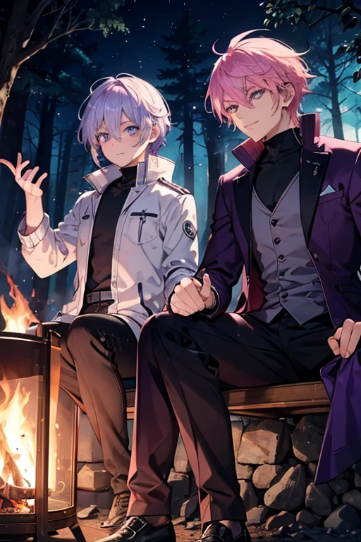 A handsome pink haired man with violet eyes is sitting with a muscular blue haired man with silver eyes in front of a crackling campfire