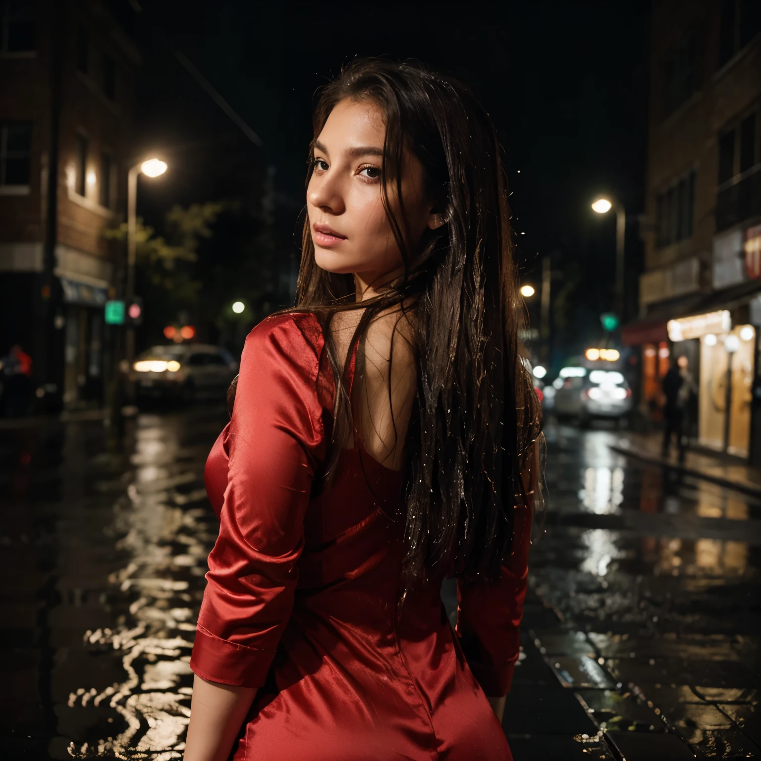 1girl,solo,long hair,Rough skin,from back,face focus,(looking at viewer:1.2),wet hair,dark,polaroid,(depth_of_field:1.5),rainy days,outdoors,street,hair between eyes,moody lighting,Tyndall effect,Cinematic Lighting,night,lamppost,lens flare,available light,rim light,glowing neon lights,curvy,Red silk dress,Latina girl