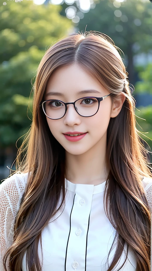 a beautiful girl,Highest quality,Beautiful graphics,big bright eyes,long eyelashes,Long brown hair shawl,perfect facial features,Clear face,Delicate lips,Smile,white school uniform,Wear glasses,panoramic shot。(standing