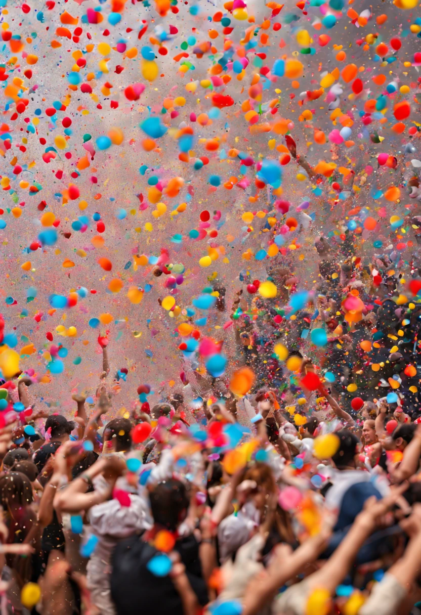 (best quality,4k,8k,highres,masterpiece:1.2),vibrant confetti explosion,colorful celebration,party vibes,joyful atmosphere,blooming colors,randomly scattered confetti,uplifting festive mood,colorful fragments in the air,happy people in the background,confetti-filled sky,happy expressions,party hats and streamers,excitement and laughter,sparkling confetti rain,dancing and cheering,fun-filled moment,blissful celebration,festive spirit,beautifully decorated venue,tears of joy,exhilarating happiness,floating confetti particles,dazzling colors,blasting confetti cannons,overwhelming joy and happiness,colorful ribbons and balloons,shimmering and glistening confetti,elated crowd,unforgettable memories,vivid bursts of confetti,cheerful and energetic music,endless celebration,memorable and lively,showering confetti,exuberant and vibrant atmosphere,dynamic and colorful,ecstatic moments,blissful and cheerful ambiance,colorful confetti shower,carefree and jubilant,dynamic confetti firework,upbeat and joyous celebration,blasting confetti bombs