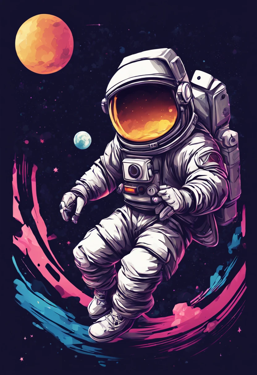 T shirt design astronaut with a moon background break dance illustration , trendy psychedelic , dark magic splash, dark, ghotic, tetradic colors, 3D art, fantasy art, bokeh, Adobe Illustrator, digital painting, low-poly, soft lighting view, isometric style, retro aesthetic, focused on the character, 4K resolution, photorealistic rendering, --aut