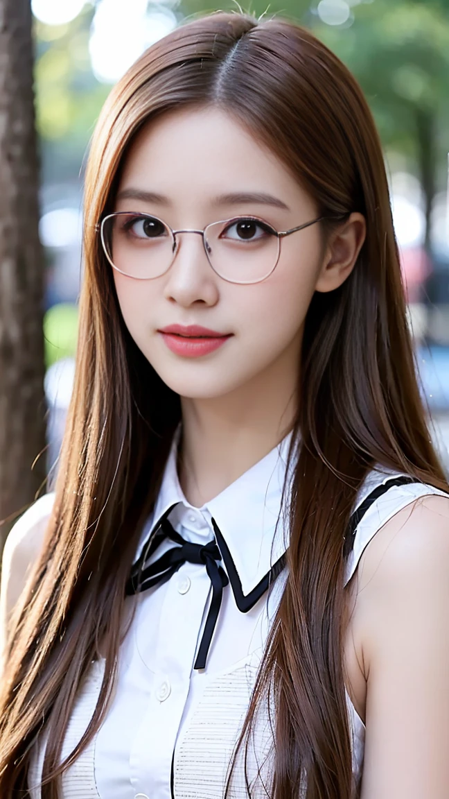 a beautiful girl，Highest quality，Beautiful graphics，big bright eyes，long eyelashes，Long brown hair shawl，perfect facial features，Clear face，Delicate lips，Smile，white school uniform，Wear glasses，panoramic shot。（standing