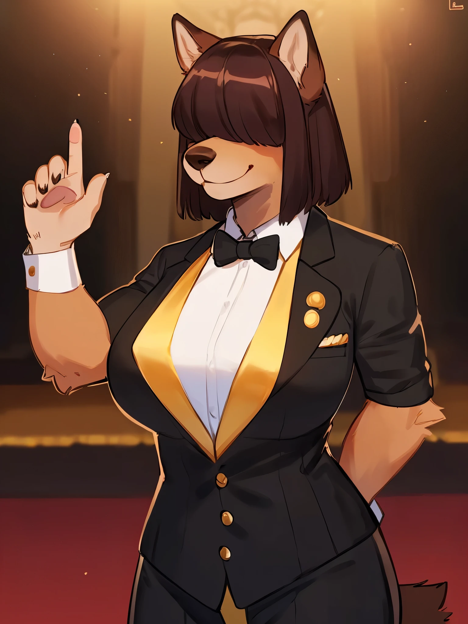 best quality, best resolution, (fluffy anthro furry), golden retriever girl, brown hair, curly hair, dog easr, (light yellow fur), medium breast, thick thighs, (black strapless leotard, hairband with rabbit ears, bowtie, cuffs, stockings), nightclub