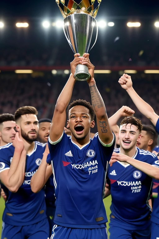 where Lionel Messi is in a Chelsea kit, holding the Premier League cup alongside several other notable Chelsea players and some other figures. The image seems to capture a moment of celebration and achievement for the team. 

Lionel Messi, one of the greatest footballers of all time, is shown proudly wearing the iconic blue Chelsea kit. His presence in the team represents a significant moment in football history, as he is joined by the likes of Didier Drogba, Eden Hazard, Reece James, Petrovic, Enzo Fernandez, Mudryk, Raheem Sterling, Cole Palmer, Ben Chilwell, Nicolas Jackson, Caicedo, Mark Cucurella, Gallagher, Diego Costa, Willian, N'Golo Kante, Disasi, Marcio Pochettino, and Mourinho.

The image captures the essence of victory and celebration as Messi and his teammates hold the Premier League cup aloft. The expressions on their faces convey a mix of joy, pride, and satisfaction at their collective achievement. The unity and camaraderie among the players are evident as they come together to celebrate their success.

The composition of the image is dynamic and visually striking. The players are arranged in a way that draws attention to Messi at the center, emphasizing his pivotal role in the team's triumph. The composition also allows each player to be clearly visible and recognizable, highlighting their individual contributions to the team's success.

The background of the image could include elements that further enhance the celebratory atmosphere. This might include a backdrop of cheering fans, confetti falling from the sky, or the iconic Chelsea stadium in the distance. These details would help to place the scene in a larger context and convey the magnitude of the team's accomplishment.

Overall, this image captures a historic moment in football, bringing together some of the sport's most iconic figures in a celebration of victory and achievement. It symbolizes the power of teamwork, dedication, and talent coming together to achieve greatness on the football f
