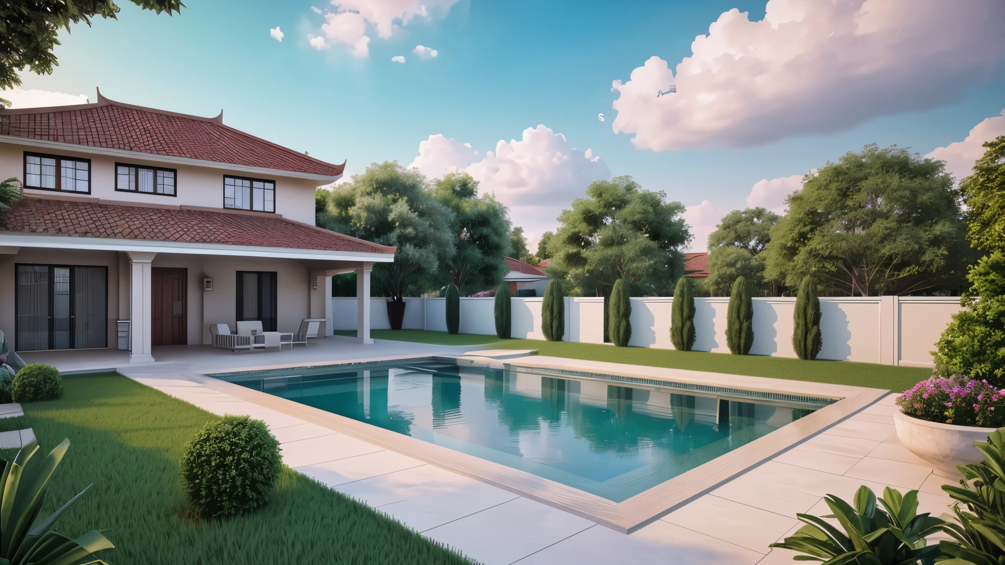 Biệt thự Garden,with swimming pool, (there is a beautiful girl:1.3), Garden, Neoclassical style, Modern style, masterpiece, Surreal, render by Vray 2023, Vantage, render 8k, 16k, ultra HD, Iron patterned railing, Doors and windows are made of Shing Fa aluminum glass frames,Natural light, Cloudy, Daylight, fence around the house, 16K