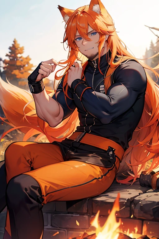 a muscular blonde haired man with blue eyes with long hair and a dark beard is sitting with an orange haired man with orange eyes and orange fox ears and an orange fox tail in front of a crackling campfire