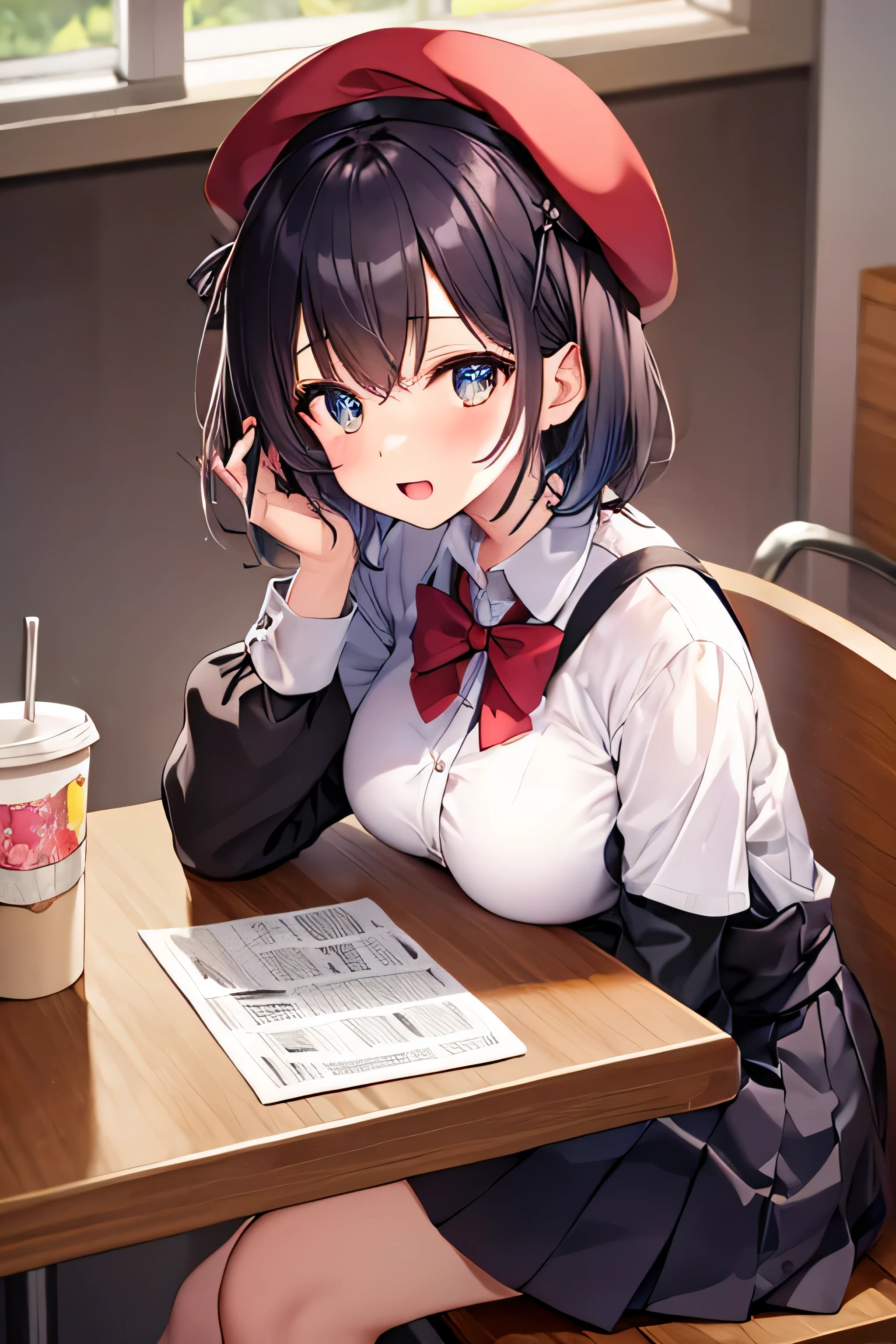 masterpiece、Highest image quality、ultra high resolution、big breasted girl、short hair、red face、shyly、mock、Please open your mouth just a little、short sleeve casual clothes、Casual mini skirt for elementary school socks for elementary school girls、Beret for girls、Inside the coffee lounge、Tacounter