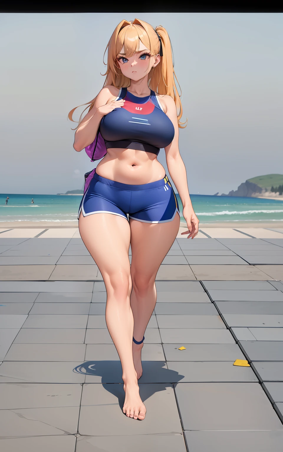 um close up de uma pessoa de saia curta e top preto, inspirado em Sim Sa-jeong, sutiã e shorts streetwear, sports bra and shorts, diminuiu o zoom de corpo inteiro, physicist : a menor barriga de todos os tempos, modelo de corpo inteiro anime vtuber, forma corporal realista, sports bra and dark blue shorts, corpo realisticamente proporcionado