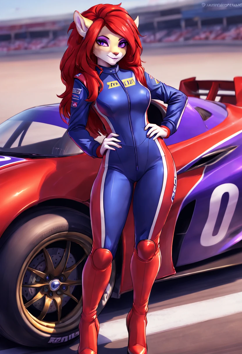 one Anthropomorphic Vixen, she has red Rachel-style hair, her eyes are blue and well detailed, her body is well defined and detailed, She is wearing a purple racing driver's suit, she is standing next to a red racing car.
