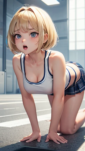 European  high school girl, beautiful girl, blonde, short hair, small breasts, beautiful legs, crawling on all fours, composition seen from the front, athletics, butt up, open mouth, white skin, white tank top, cleavage visible through the tank top, belly button exposed, very exposed skin, regret sullen expression