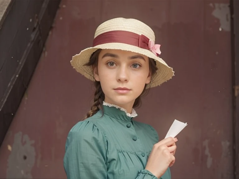 24 years old, white, woman, brunette, single french braid, sun hat with a red ribbon, a pink brochette and a pastel green dress with a white collar, hand holding a letter, victorian style dresses