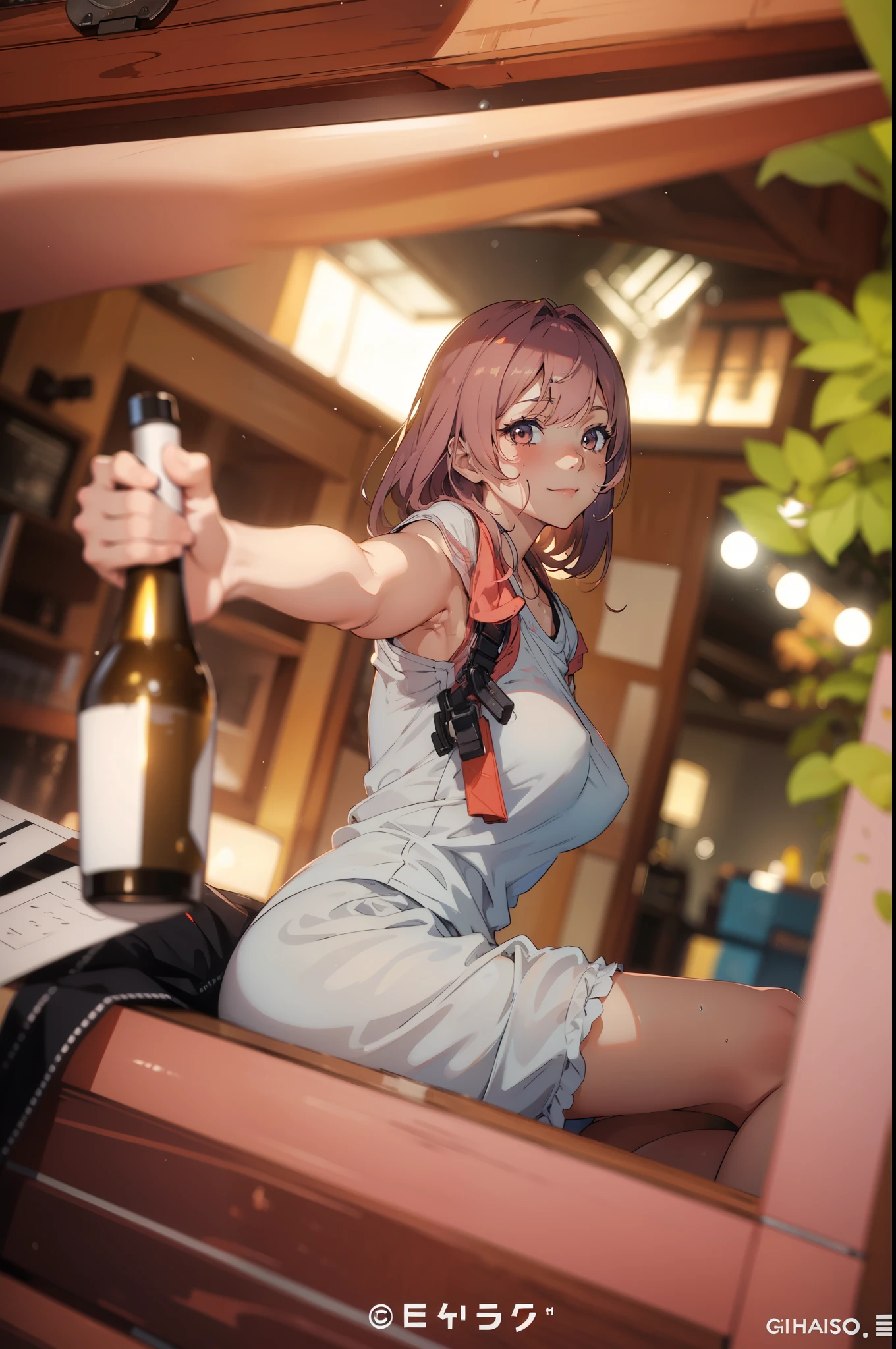 sitting on a bar stool、Anime girl with a bottle of wine, Makoto Shinkai Cyril Rolland, Space Sky. by Makoto Shinkai, anime art wallpaper 4k, anime art wallpaper 4k, ( ( makoto shinkai ) ), Anime Art Wallpapers 8K, 4k anime wallpaper, makoto shinkai!, anime wallpaper 4k