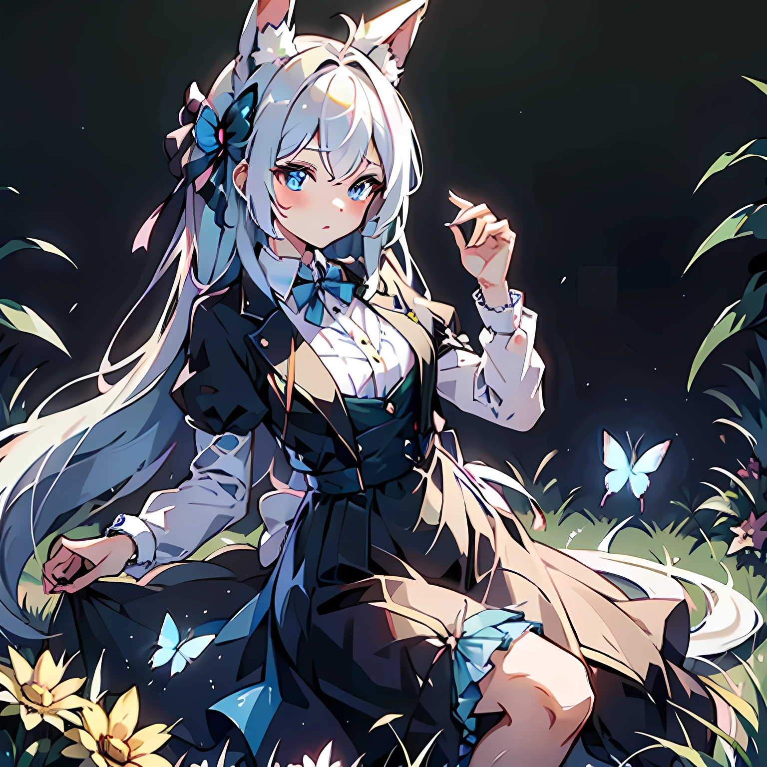 masterpiece, best quality, flowers, garden, 1 girl, Butterfly风格, Butterfly, blue hair, Rabbit ears,