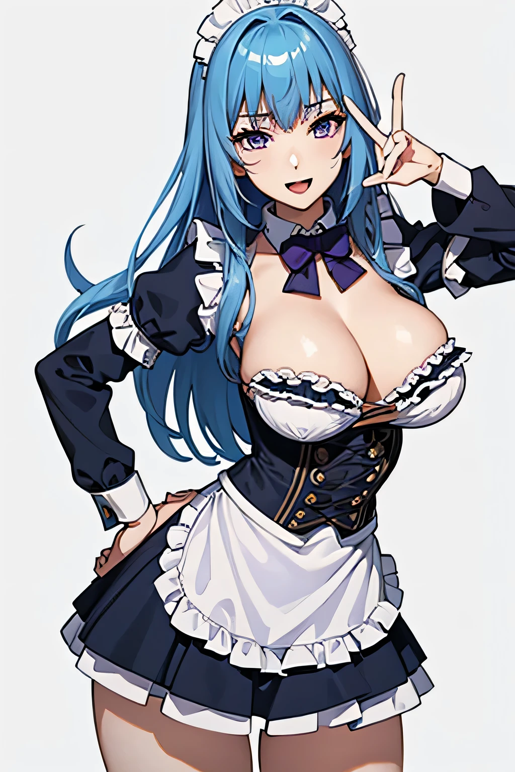 peace_sign,smile,masterpiece,highest quality, unreal engine, super resolution, very detailed, 1 female,big breasts, waist, thin, (muscular:0.8) blue hair,purple eyes black dress,black corset,white sleeves, frillsドレス, Ascot, round chest, big breasts, upward glance,maid bikini, maid headdress, bow tie, maid, bangs, black bikini, open your mouth, long hair, hair intake, alone, frills, breast press,