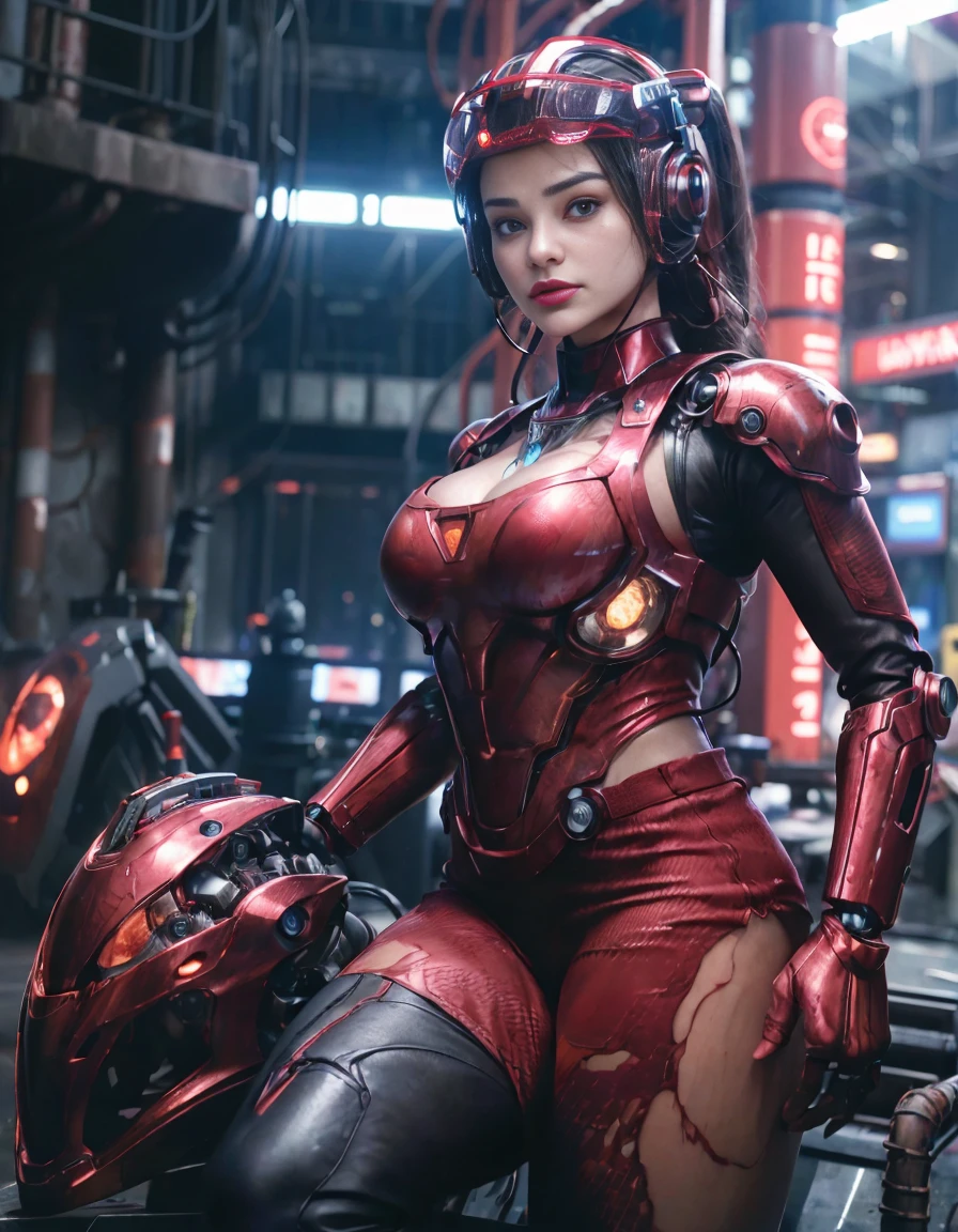 (Background of skimpy mechanical girl and octopus alien)、(Mystical expression)、highest quality、masterpiece、Super high resolution、(Photoreal:1.4)、RAW photo、1 girl、glowing skin、(((1 Mechanical Girl)))、Heavy chest、(red metalボディスーツ)、(Natural alien background to fight aliens)、(Small LED)、((Super realistic details))、vertical giant monster background),global illumination、Shadow、octane rendering、8K、super sharp、robotの背景、big breasts、Raw skin exposed in the cleavage、red metal、intricate decorative details、Japan details、very intricate details、realistic light、(Mystical expression),CG Society Trenlow Eyes、Eyes shining towards the camera、Mechanical marginal blood vessels connected to neon detail tubes)、(Wires and cables connecting to the head)、Small LED、,mechanical thighs、two stock、(Hands are also made of machines)、robot、future alien、Please wear a mechanical helmet、transparent face guard on helmet、