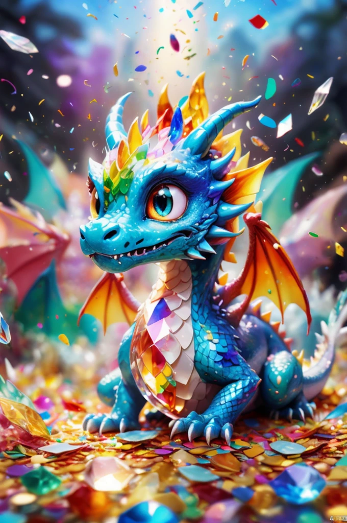 Colorful Confetti, cute crystal dragons, shining eyes, glass texture, bright colors, panoramic view, Ultra high saturation, (best quality, masterpiece, Representative work, official art, Professional, 8k)