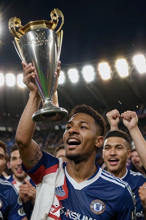 where Lionel Messi is in a Chelsea kit, holding the Premier League cup alongside several other notable Chelsea players and some other figures. The image seems to capture a moment of celebration and achievement for the team.
Lionel Messi, one of the greatest footballers of all time, is shown proudly wearing the iconic blue Chelsea kit. His presence in the team represents a significant moment in football history, as he is joined by the likes of Didier Drogba, Eden Hazard, Reece James, Petrovic, Enzo Fernandez, Mudryk, Raheem Sterling, Cole Palmer, Ben Chilwell, Nicolas Jackson, Caicedo, Mark Cucurella, Gallagher, Diego Costa, Willian, N'Golo Kante, Disasi, Marcio Pochettino, and Mourinho.
The image captures the essence of victory and celebration as Messi and his teammates hold the Premier League cup aloft. The expressions on their faces convey a mix of joy, pride, and satisfaction at their collective achievement. The unity and camaraderie among the players are evident as they come together to celebrate their success.
The composition of the image is dynamic and visually striking. The players are arranged in a way that draws attention to Messi at the center, emphasizing his pivotal role in the team's triumph. The composition also allows each player to be clearly visible and recognizable, highlighting their individual contributions to the team's success.
The background of the image could include elements that further enhance the celebratory atmosphere. This might include a backdrop of cheering fans, confetti falling from the sky, or the iconic Chelsea stadium in the distance. These details would help to place the scene in a larger context and convey the magnitude of the team's accomplishment.
Overall, this image captures a historic moment in football, bringing together some of the sport's most iconic figures in a celebration of victory and achievement. It symbolizes the power of teamwork, dedication, and talent coming together to achieve greatness on the football f