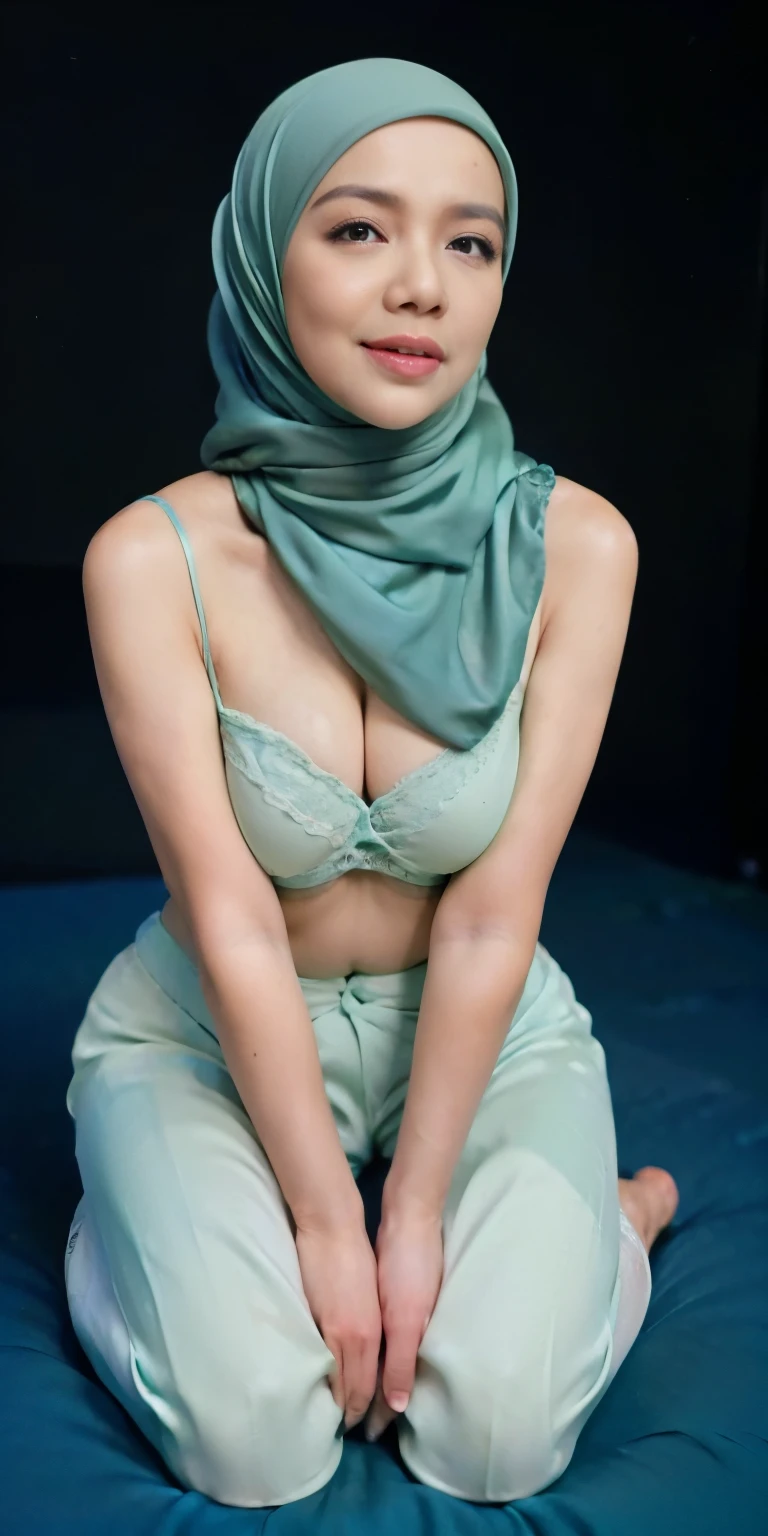 1 matured malay girl in hijab wear sexy wet green lace bra and panties kneeling, on the bed, nighttime, full body, close-up, seducing, big sagging breast, cum on face, on the bed, (8k, RAW photo, best quality, masterpiece:1.2),(realistic, photo-realistic:1.37),