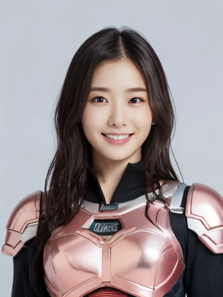 (super highest quality、8K、Masseter muscle part、delicate illustrations、wet hair、standing:1.2、Upper body:1.1、A beautiful and bewitching Japanese 25-year-old woman、Shocking pink and white metallic armor with a futuristic fit:1.5) 、(very plump body:1.2、super huge :1.4、Skin exposed:1.5)、smile at the viewer、black hair
