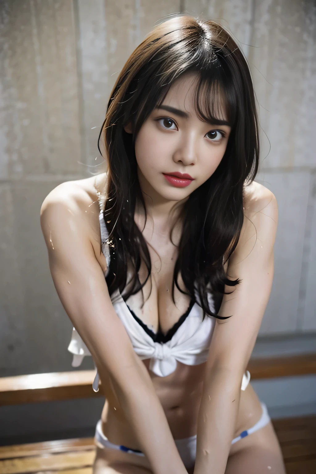 (((1 girl: 2))), ((Beautiful woman in thin white underwear)), (Forced to sit in a chair), (Tied to a stone torture chamber: 1.5), (Bondage Being:1.5), BDSM brawler, Easy rope binding, 25 year old beautiful woman, ((1 screen)), 8K, RAW shot, highest quality photos, table top, nice realistic pictures, ((anatomically correct proportions : 1.5)), ((beautiful woman like a Japanese actress)), small head, detailed face, fine eyes, narrow nose, finger details, arm details, fine skin, fine legs, (((short torso))), (slim style), (thin waist)), big breasts, nipple shadow, Crotch wrinkles, small ass , (crying face), ((sweat muscle:1.5)) , ((Sweat bangs: 1.5))