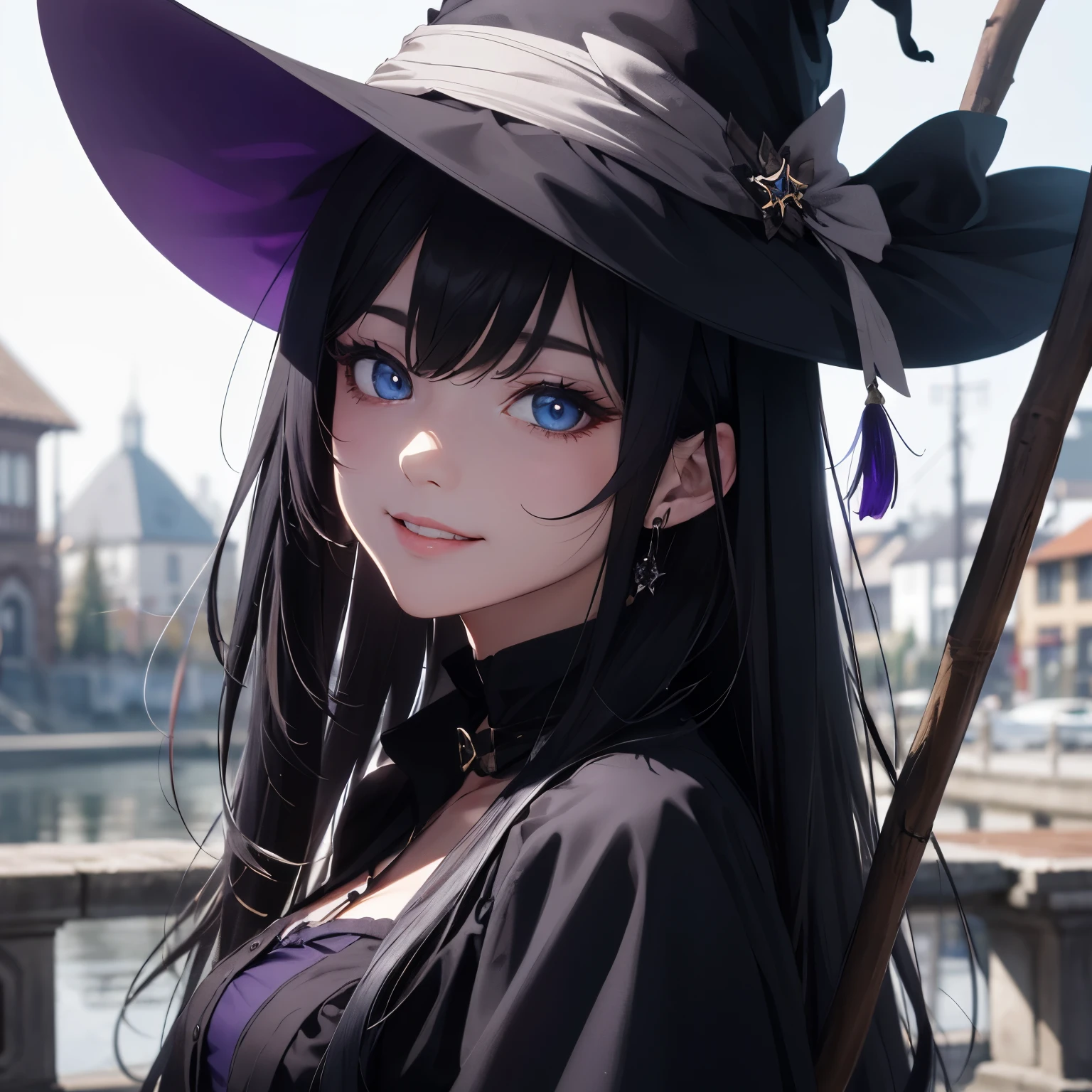 absurderes, ultra-detailliert,bright colour,(in 8K:1.3),masuter piece,extremely beautiful detailed face and eyes, 25 years old,(Smooth straight black hair:1.3), (Shiny long hair:1.2),(Pattsun bangs:1.2) Delicate beautiful face, red blush、(Deep blue eyes:1 witch outfit color violet:1.3), night time, smiling gently, park, Natural Nice Spot, Detailed face,flying with broomstick