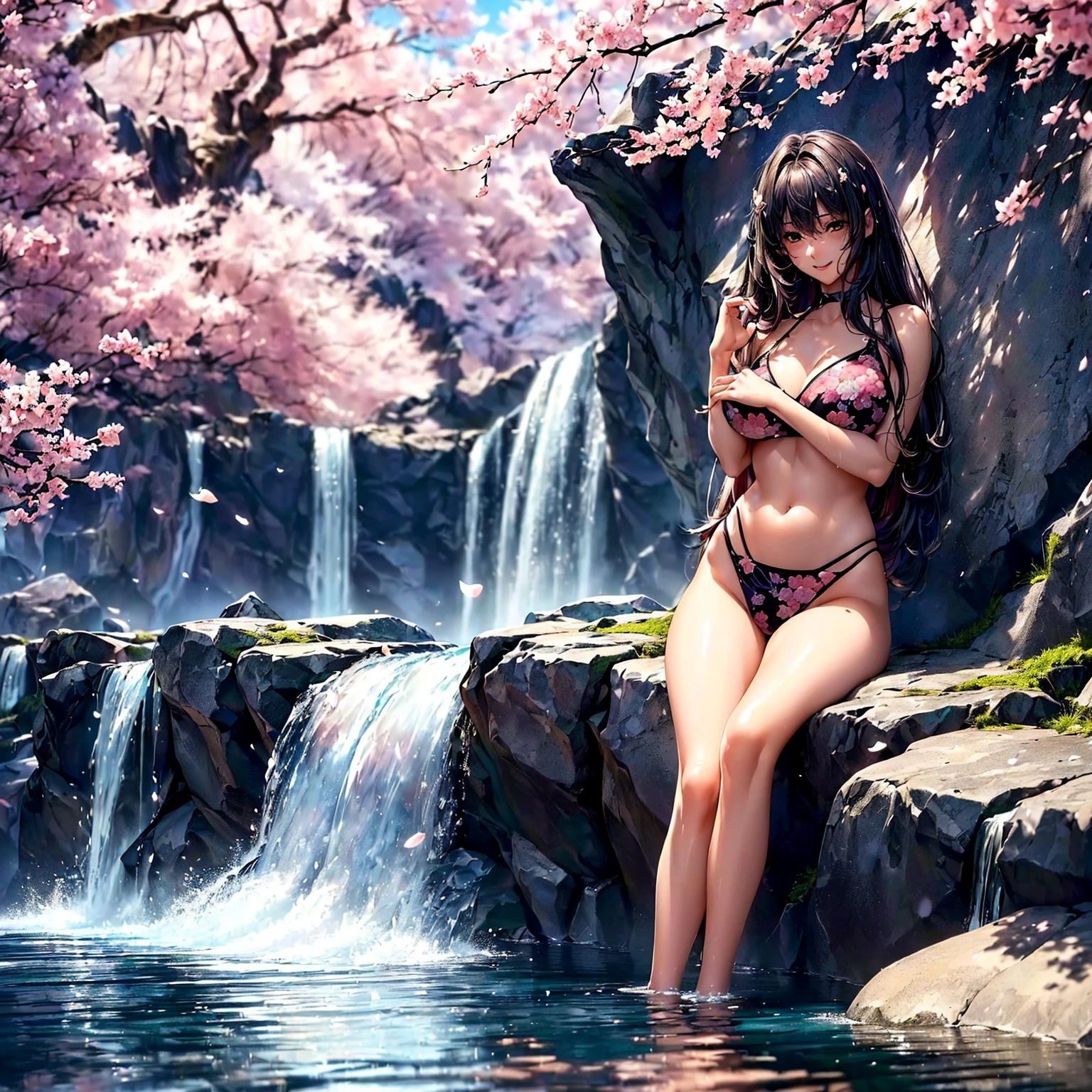 (((highest quality、masterpiece、very high resolution、highly detailed images、detailed details)))、(A woman of perfect and ultimate beauty:18-year-old, beautiful body、beautiful face、beautiful hair,bright smile)、(Slender and beautiful body, best skin and hair texture)、((Cute Bikini:Beautiful Japanese pattern and colorful,shoulders are exposed,I can see my thighs)),((Mysterious waterfront:beautiful waterfall and cherry blossoms,fantastic night sky,natural light,beautiful scenery,beautiful scenery,Beautiful colors)),(water play,beautiful pose,model shoot,Hair flutters under the influence of the wind),bijinga,Overall image、accurate image、accurate anatomy、Image without defects,(best shot,RAW photo:1.2)