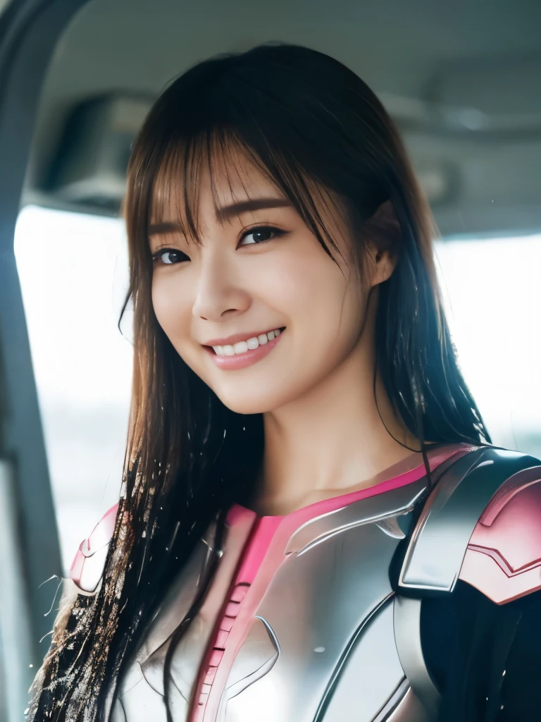 (super highest quality、8K、Masseter muscle part、delicate illustrations、wet hair、standing:1.2、Upper body:1.1、A beautiful and bewitching Japanese 25-year-old woman、Shocking pink and white metallic armor with a futuristic fit:1.5) 、(very plump body:1.2、super huge :1.4、Skin exposed:1.5)、smile at the viewer、black hair