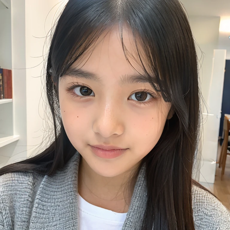 A teenager girl with round , brown eyes, black hair, a mole between her nose and her lips