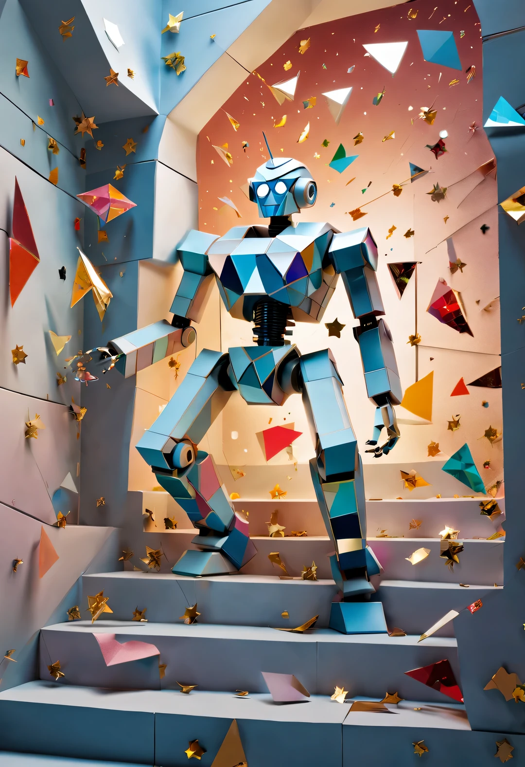 Half-body confetti robot invader bursts out of the wall, Cracked glass, fantasy, Science fiction, low polygon, Cubism and paper cutting were created by Charles and Ray Eames,Paper,Stylish photography style,star confetti,heart shaped confetti,gold ribbon confetti,
