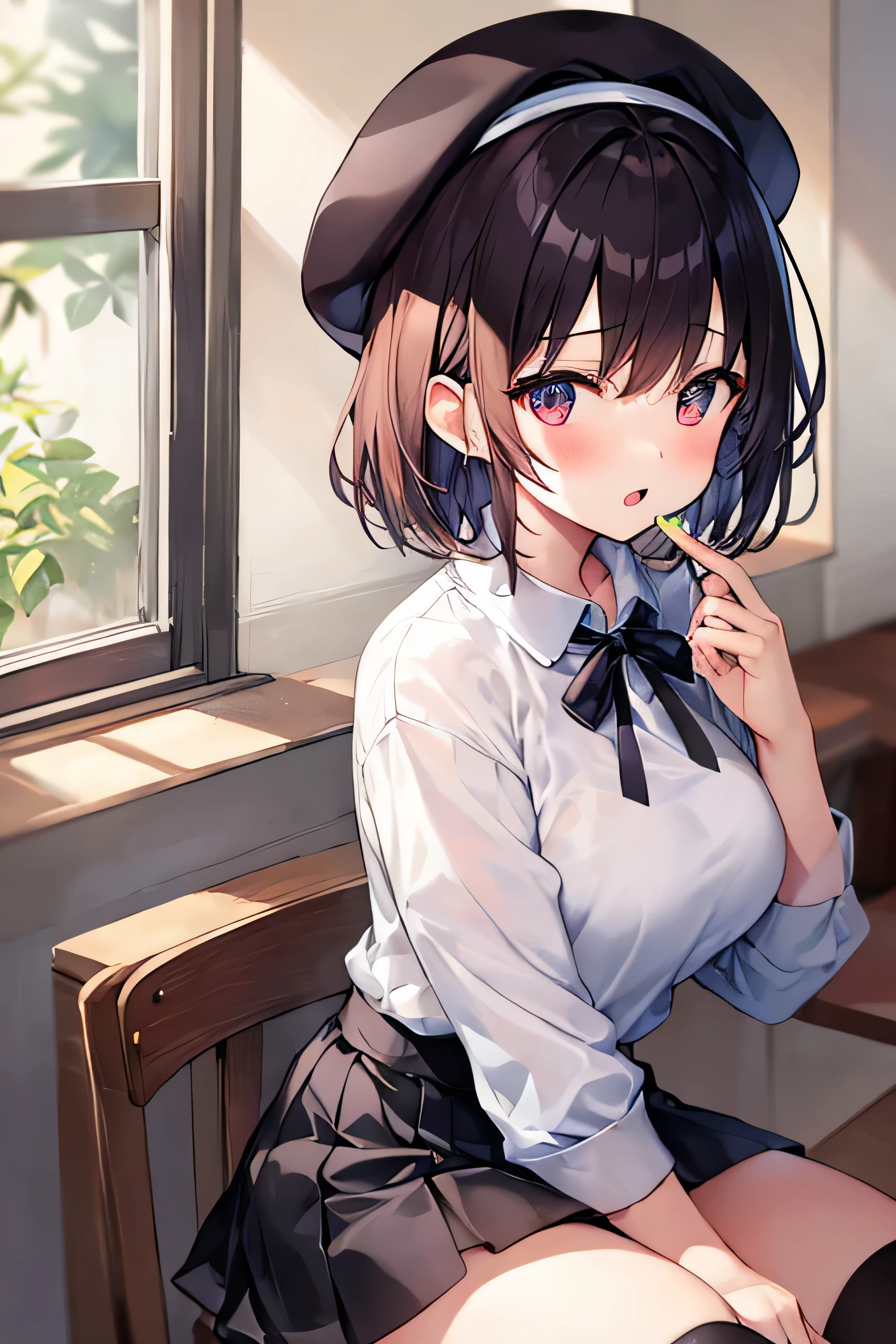 masterpiece、Highest image quality、ultra high resolution、big breasted elementary school girl、short hair、red face、shyly、mock、Please open your mouth just a little、short sleeve casual clothes、Casual mini skirt for elementary school girls、Thigh-high socks for elementary school girls、Beret for elementary school girls、Inside the coffee lounge、Take a seat at the counter