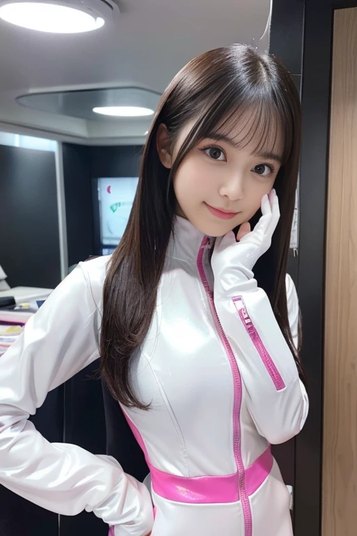 (Place your index finger on your chin, bend the index finger, Shiny rubber suit, gazing at viewer, Leaning forward, 1 girl, Looking at Viewer, from the front side, facing straight at viewer, white and pink clothes, White Gloves, futuristic spacesuit, Inside the spaceship room), Smile, Upper body, body suit, Mini Pencil Skirt, High neck clothing, Hide the neck, drooping eyes, Head tilt, masutepiece, Best Quality, an extremely cute girl, 20 years old, Black hair, pink line in the center of the clothes