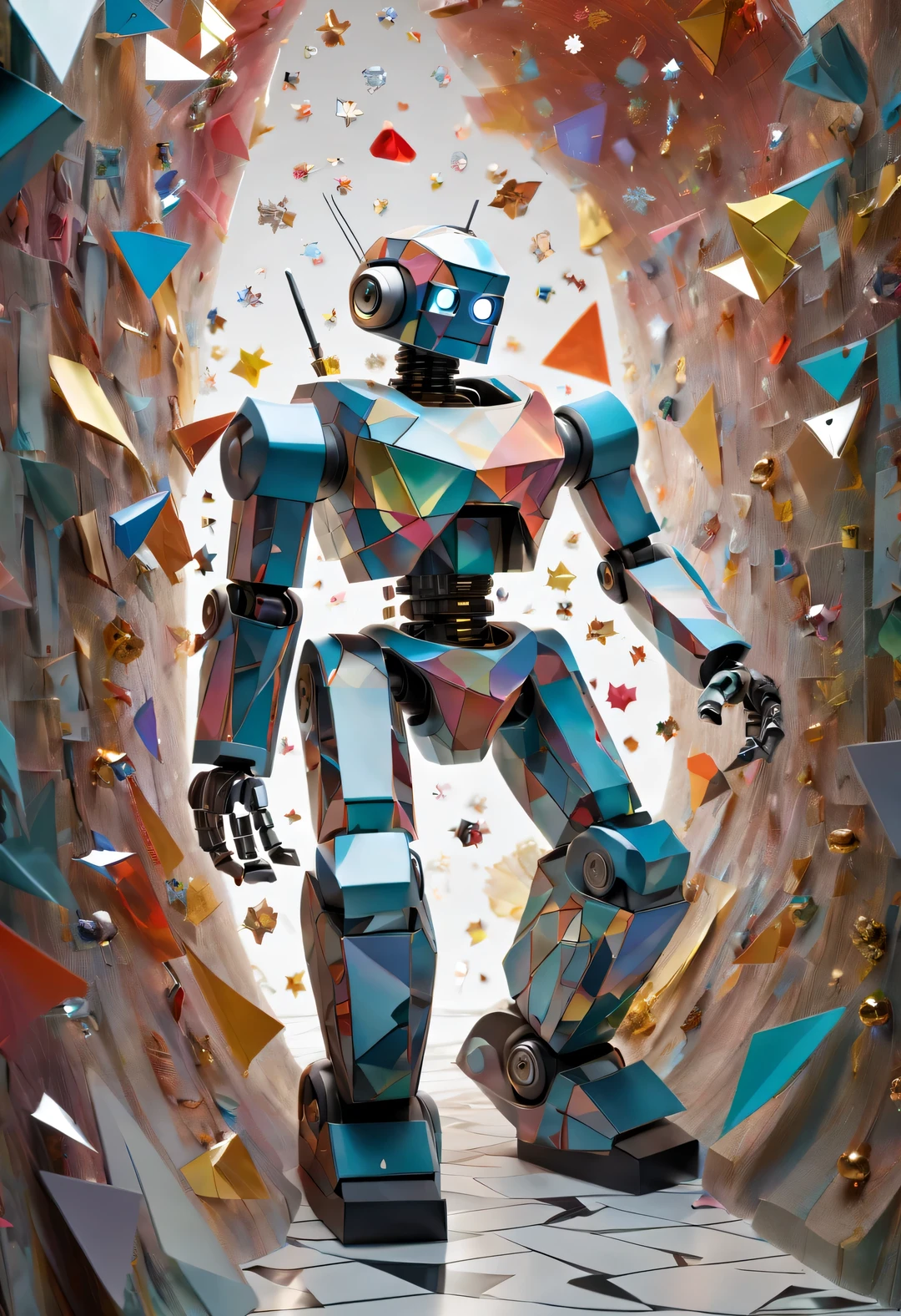 Half-body confetti robot invader bursts out of the wall, Cracked glass, fantasy, Science fiction, low polygon, Cubism and paper cutting were created by Charles and Ray Eames,Paper,Stylish photography style,star confetti,heart shaped confetti,gold ribbon confetti,