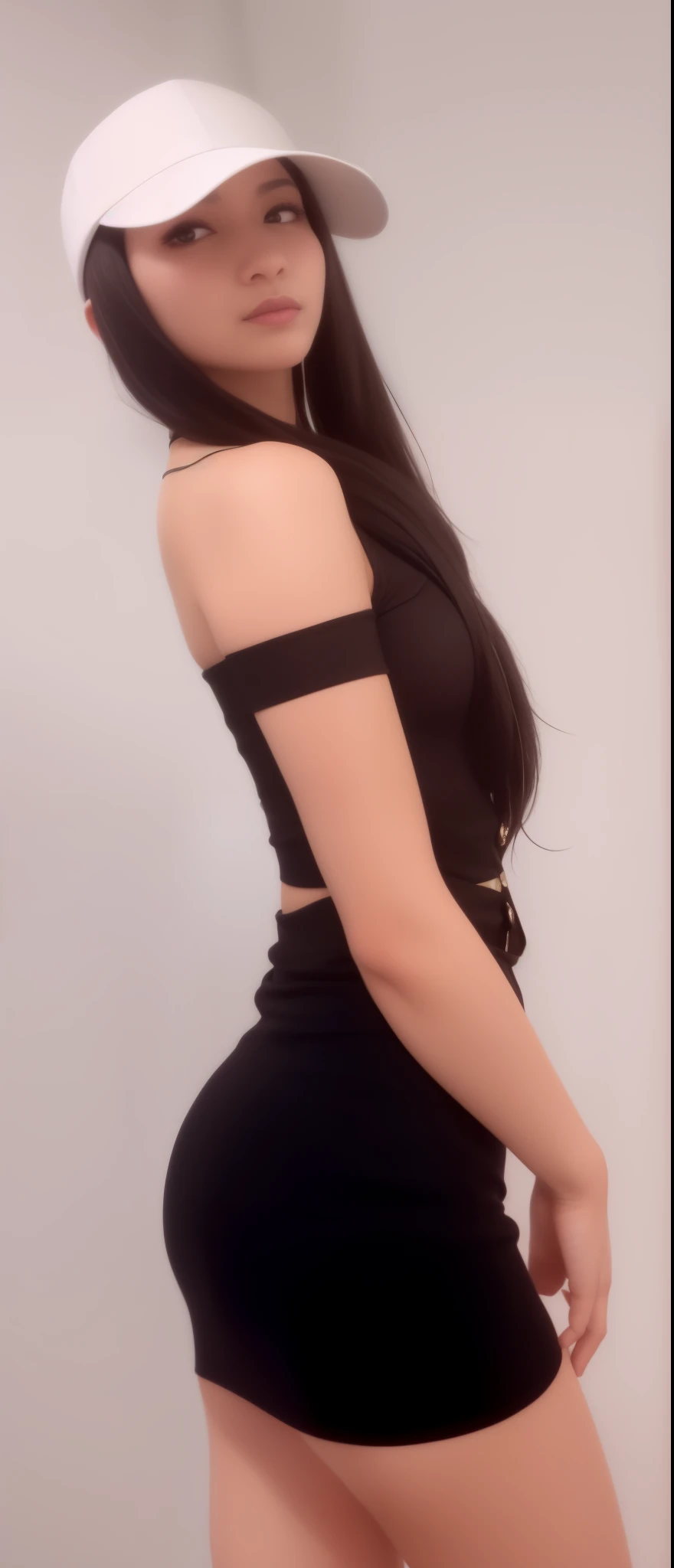 arafa woman in black dress and white hat posing for a photo, showing the shoulder from behind, ombros podem ser vistos, 2 modelo feminino de 4 anos, jia, pose lateral, usando um top cropped sexy, metade superior do corpo, she is wearing a black dress, waist reaching ponytail, com cabelo preto liso, full body distant view