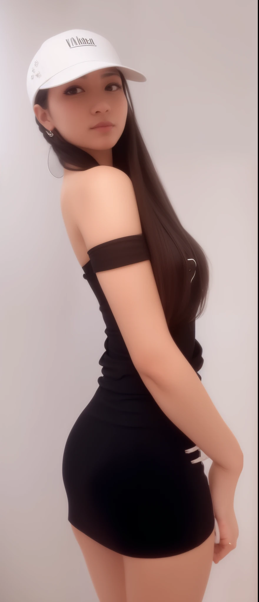 arafa woman in black dress and white hat posing for a photo, showing the shoulder from behind, ombros podem ser vistos, 2 modelo feminino de 4 anos, jia, pose lateral, usando um top cropped sexy, metade superior do corpo, she is wearing a black dress, waist reaching ponytail, com cabelo preto liso, full body distant view