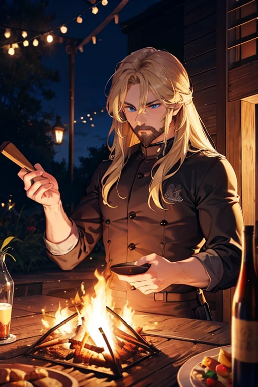 a muscular blonde haired man with blue eyes and long hair and a dark beard is toasting over a campfire