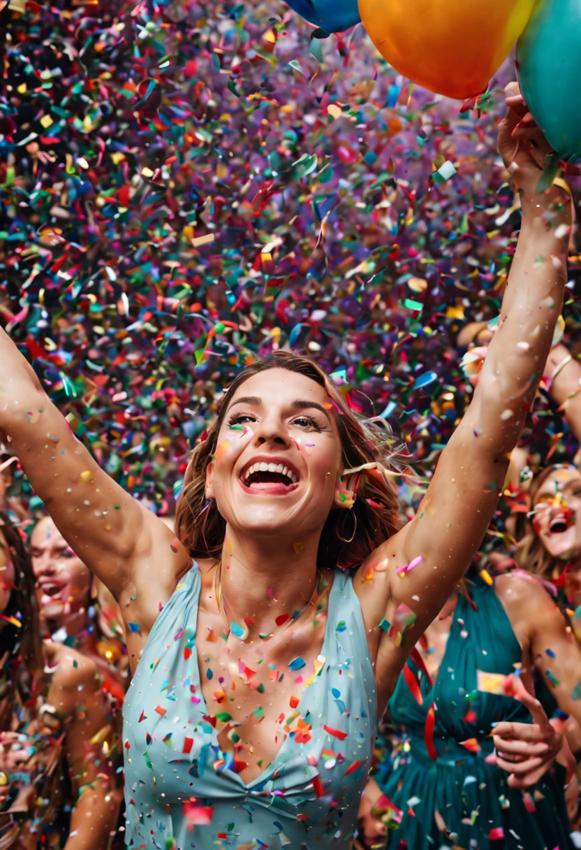 (best quality,4k,8k,highres,masterpiece:1.2),vibrant confetti explosion,colorful celebration,party vibes,joyful atmosphere,blooming colors,randomly scattered confetti,uplifting festive mood,colorful fragments in the air,happy people in the background,confetti-filled sky,happy expressions,party hats and streamers,excitement and laughter,sparkling confetti rain,dancing and cheering,fun-filled moment,blissful celebration,festive spirit,beautifully decorated venue,tears of joy,exhilarating happiness,floating confetti particles,dazzling colors,blasting confetti cannons,overwhelming joy and happiness,colorful ribbons and balloons,shimmering and glistening confetti,elated crowd,unforgettable memories,vivid bursts of confetti,cheerful and energetic music,endless celebration,memorable and lively,showering confetti,exuberant and vibrant atmosphere,dynamic and colorful,ecstatic moments,blissful and cheerful ambiance,colorful confetti shower,carefree and jubilant,dynamic confetti firework,upbeat and joyous celebration,blasting confetti bombs