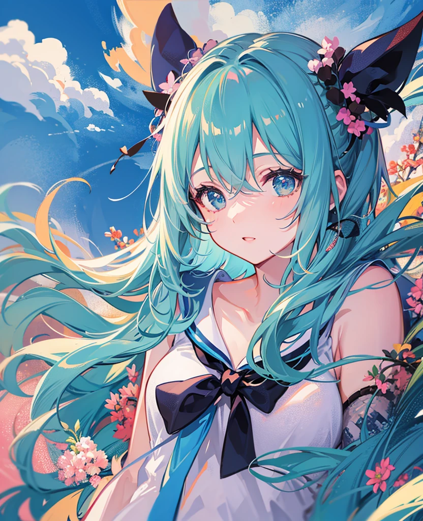 Hatsune Miku，gentle eyes，flowing hair:1.3，place one's arms behind one's back，summer beaches、Lovely，white sailor suit