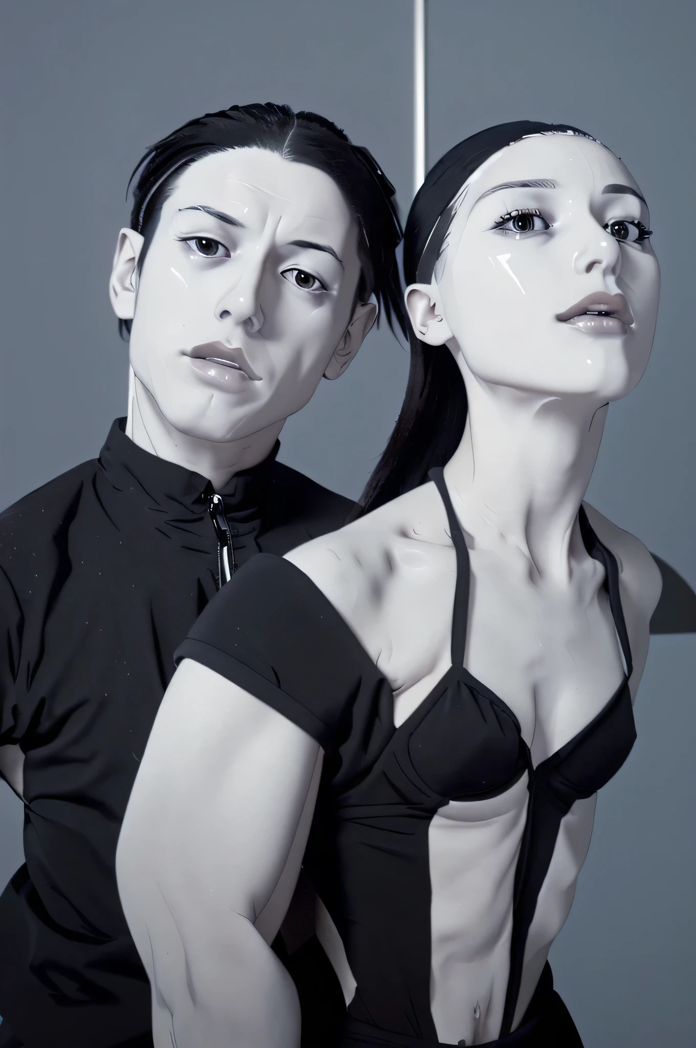 hyper-realistic ultra-surreal stunning minimal couple dancing with a head like insane devices glued to their heads, Super-detailed, Ultra-realistic, Studio Quality, 48k / HD, High Contrast, hyper Realistic Shadows, octane Rendering, Sharp Focus