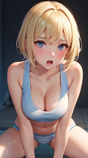 Very detailed image 8k European junior high school girl Beautiful girl Blonde Short hair Small breasts Beautiful legs Blushing Sweat flowing All fours position Viewed from the front Athletics Lifting butt Open mouth wide White skin White tank top Cleavage visible from the tank top Visible Navel exposed Very exposed skin Regretful expression