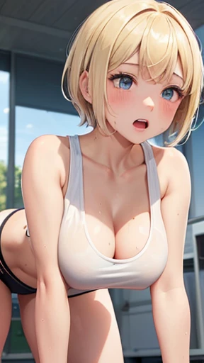 Very detailed image 8k European junior high school girl Beautiful girl Blonde Short hair Small breasts Beautiful legs Blushing Sweat flowing All fours position Viewed from the front Athletics Lifting butt Open mouth wide White skin White tank top Cleavage visible from the tank top Visible Navel exposed Very exposed skin Regretful expression