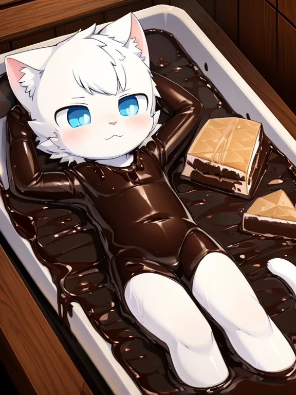 4K，8k，high resolution，masterpiece, best quality，blue eyes, hairy, alone, Wearing a chocolate sauce suit， wet fur, drowned in chocolate sauce，((white cat，Shota))In the amusement park，巧克力酱粘在white cat身上，lying on chocolate cake