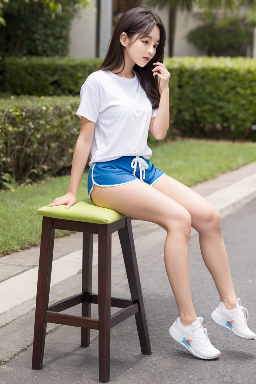 a girl straddling barstool cushion, dolphin shorts,
